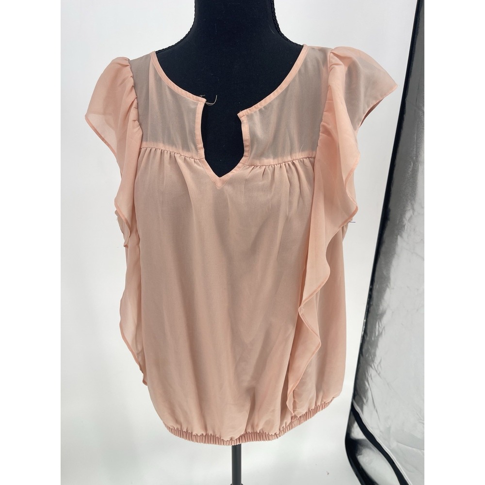 Express Peach Chiffon‎ Cap Sleeve Ruffle Front Scrunch Hem Blouse Size L Bin11